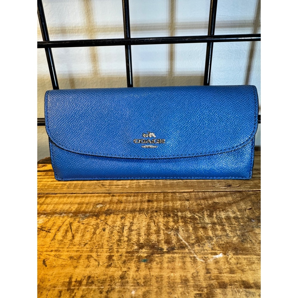 Coach Blue Crossgrain Leather Slim Flap Long Wallet Silver Hardware